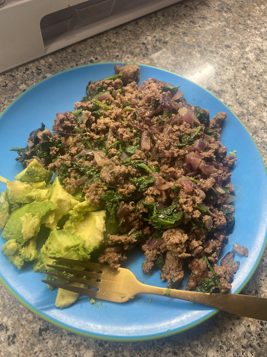 Nutritious meal: ground beef, spinach, and avocado